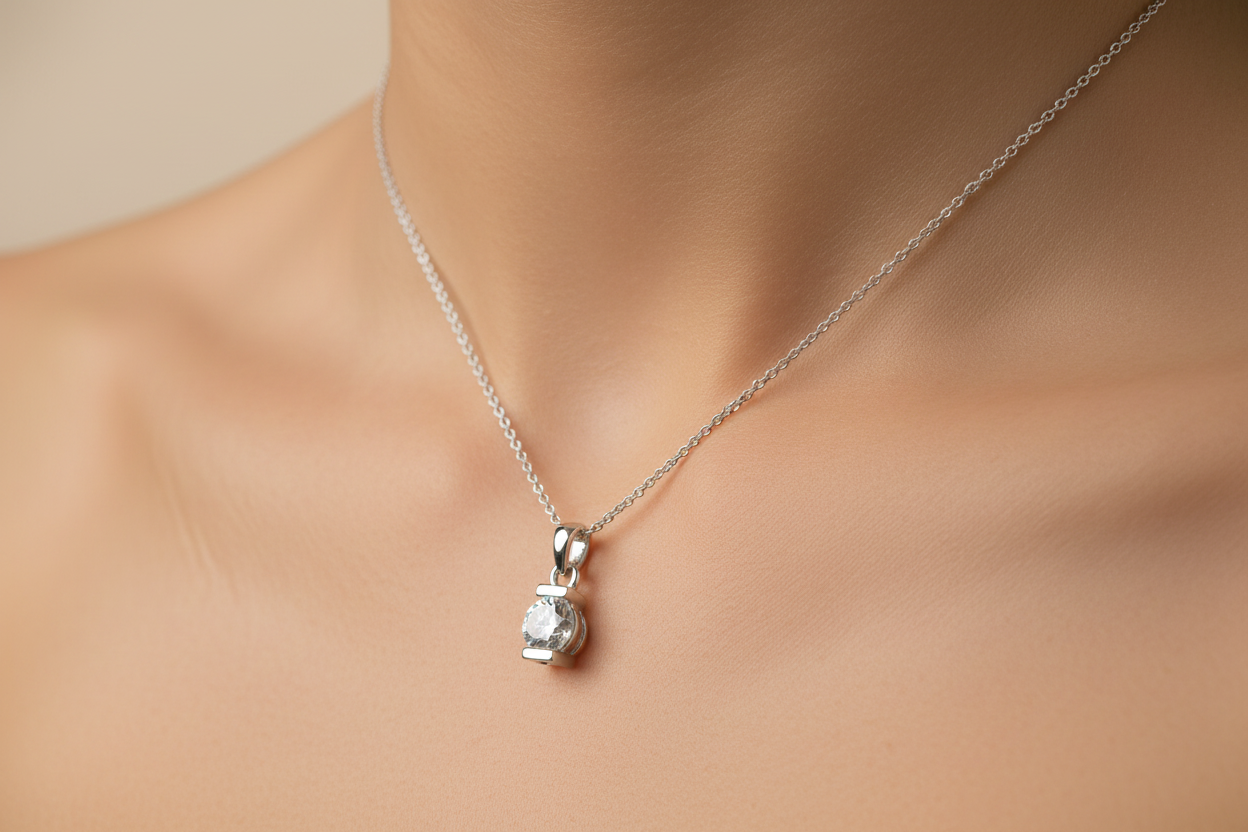 Silver CZ pendant on chain worn on a woman's neck