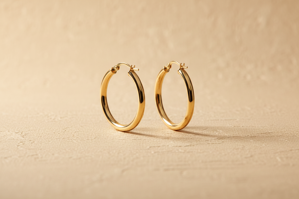 9ct Yellow Gold Plain Tube Hoop Earrings on champagne textured background