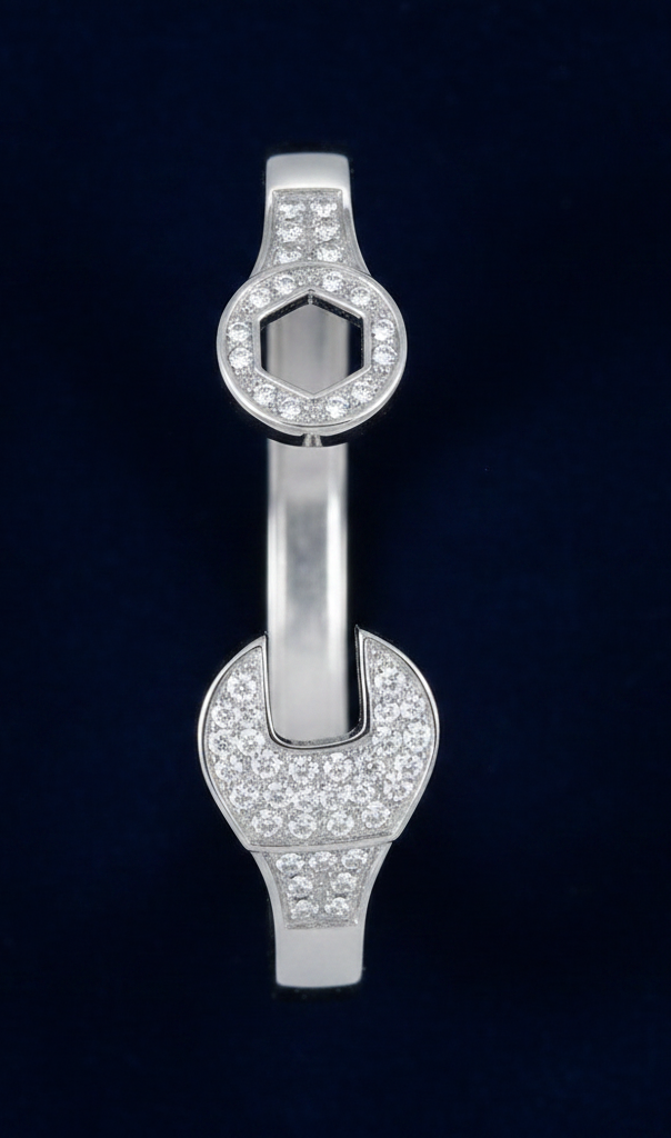 Silver Ladies Oval CZ Spanner Bangle on navy blue background