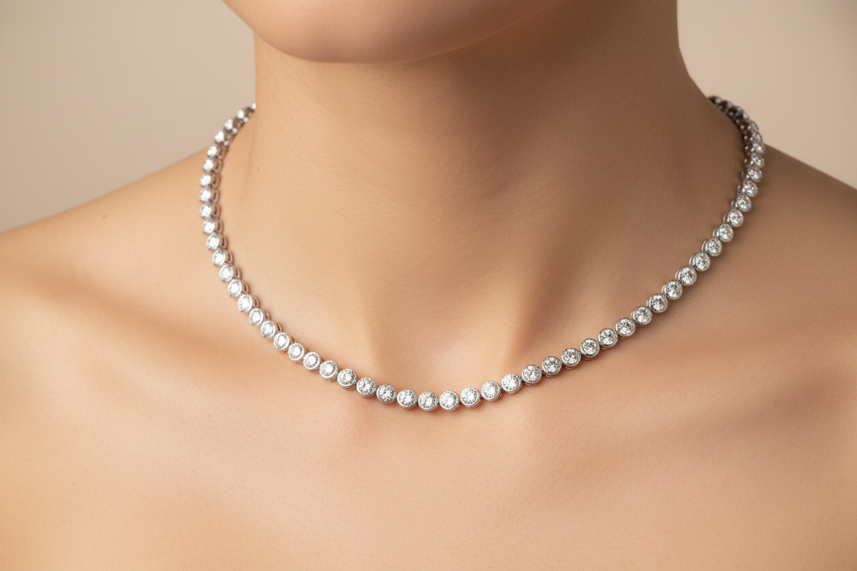 Silver rhodium plated full CZ tennis necklet worn on a woman's neck