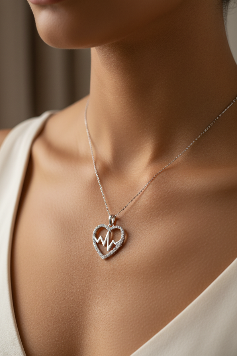 Silver Rhodium Heart Beat Pendant worn on a lady's neck - lifestyle shot