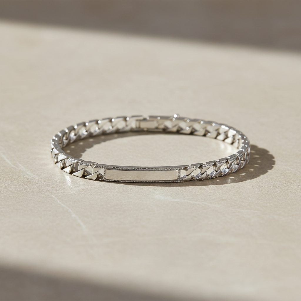Silver Scale Pattern Mens ID Bracelet on light stone background