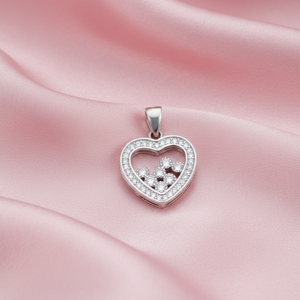 Silver Heart CZ Pendant on pink silk background