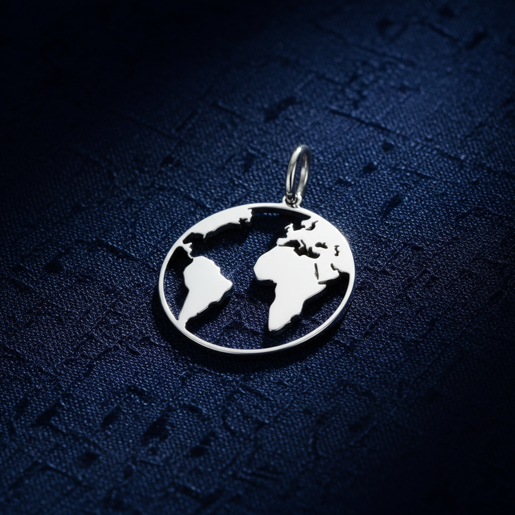 Silver Globe Pendant on textured navy blue fabric background