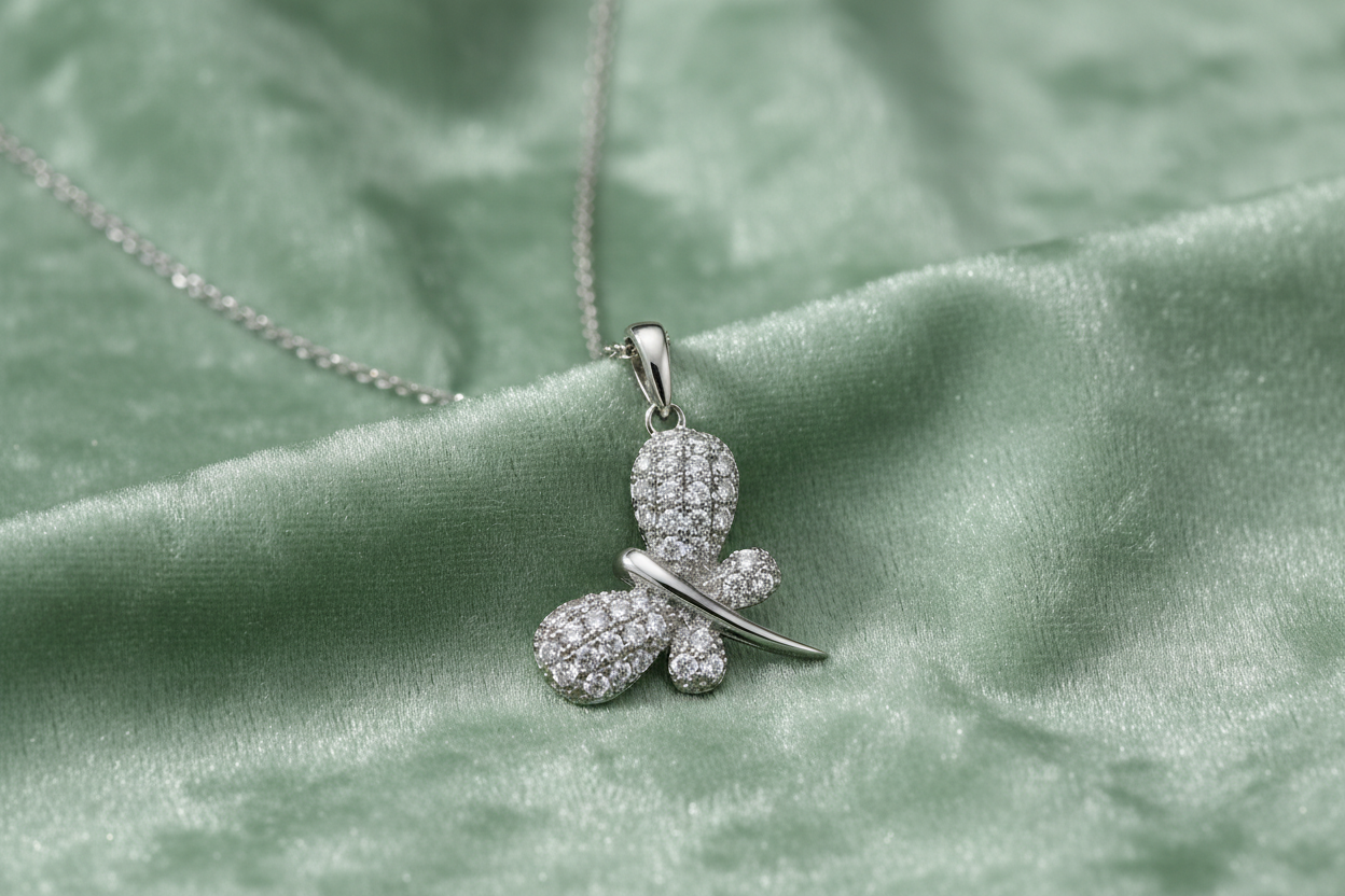 Silver rhodium plated CZ butterfly pendant on sage green background