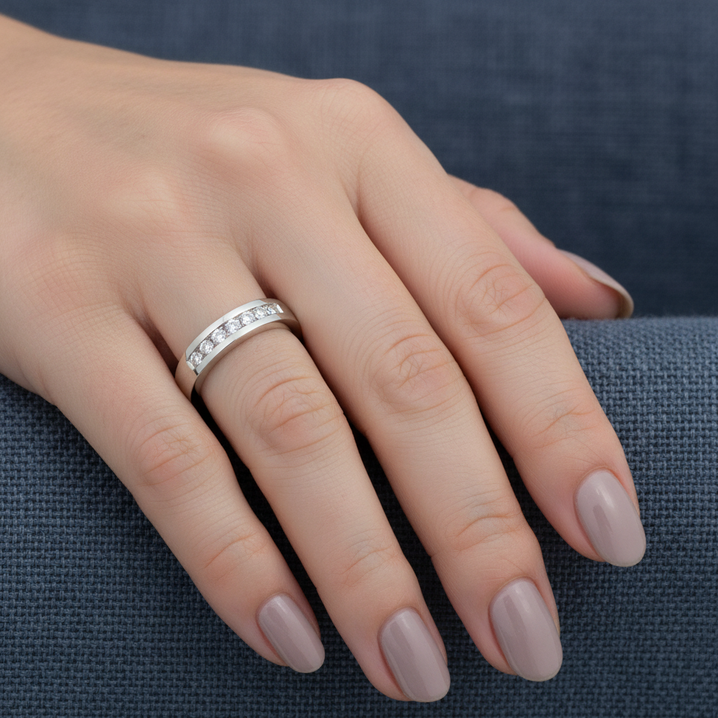 9ct White Gold 0.15ct Diamond Eternity Ring 9 Stone worn on a ladies hand
