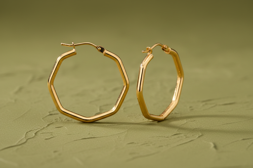 9ct Yellow Gold 26mm Octagon Hoop Earrings on olive green textured background