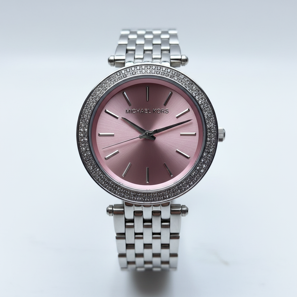 Michael Kors MK3352 silver watch with pink dial on white background