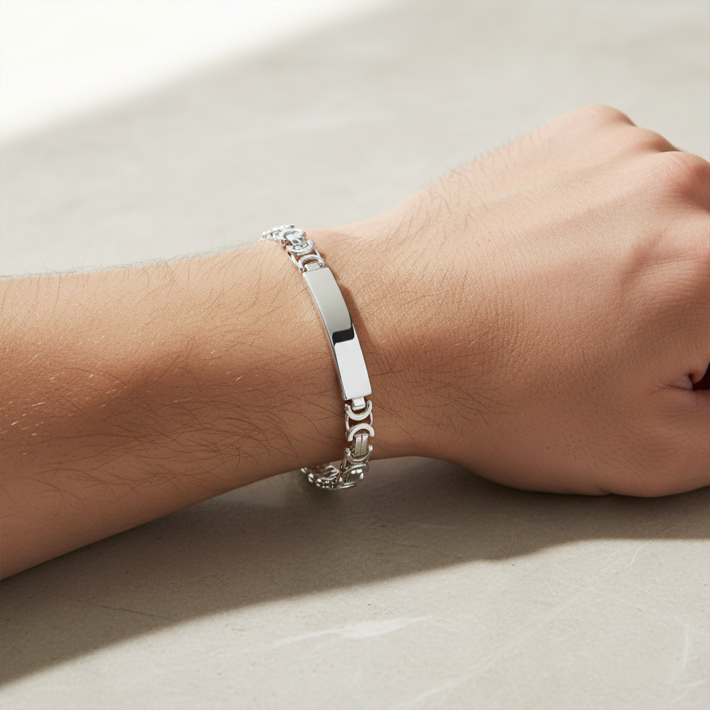 Silver Mens Byzantine ID Bracelet worn on a mans wrist