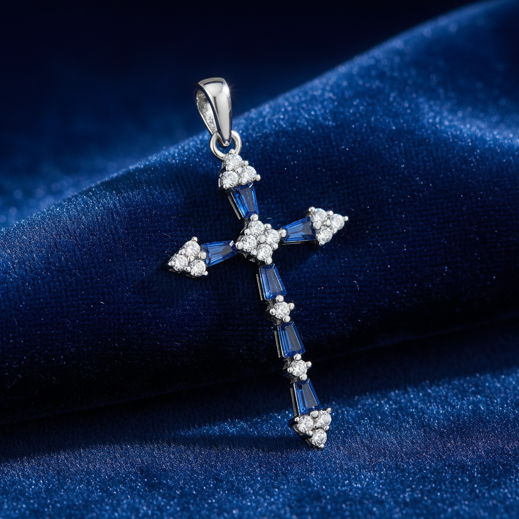 Silver Rhodium Blue CZ Cross Pendant on deep royal blue fabric background