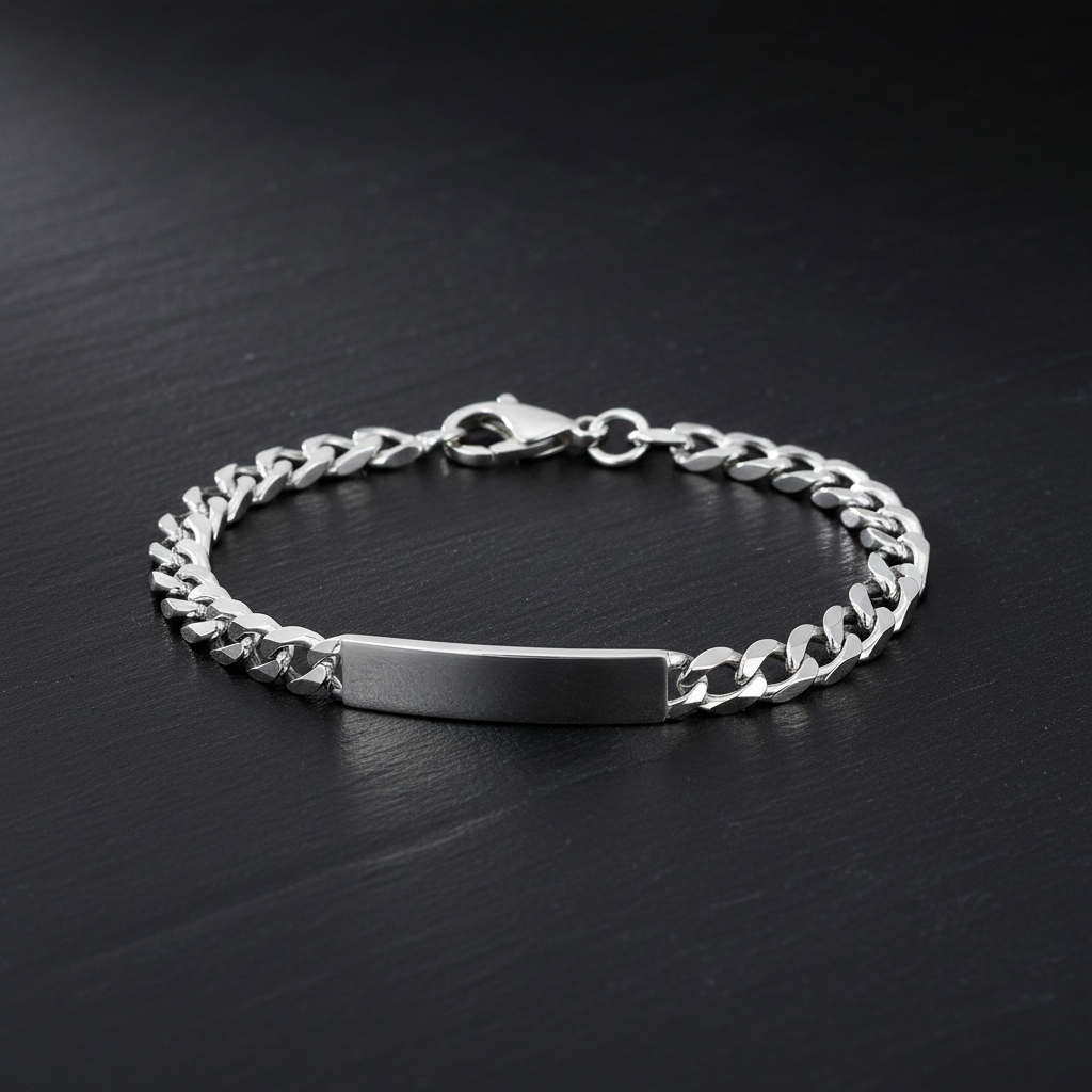 Silver Mens Flat Open Curb ID Bracelet with lobster clasp on dark background