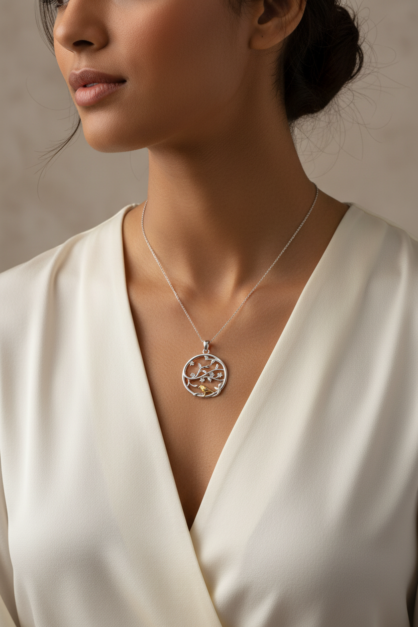 Silver Rhodium Gold Plated Tree of Life Pendant worn on a lady's neck - lifestyle shot