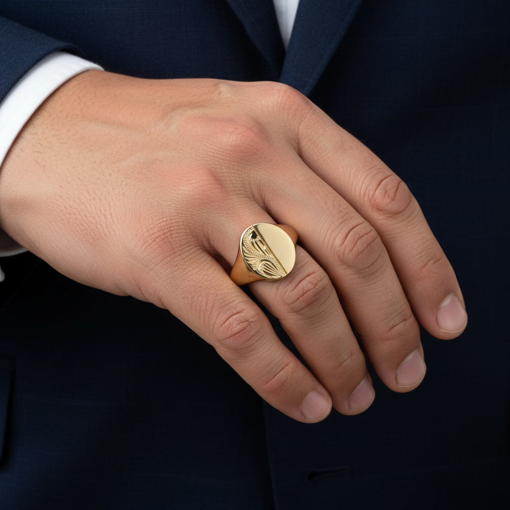 9ct Yellow Gold Engraved Oval Signet Ring worn on a mans hand