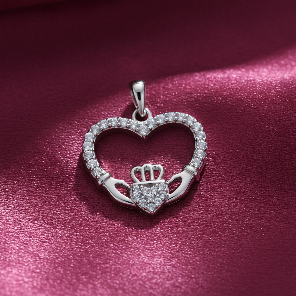 Silver Rhodium CZ Heart Claddagh Pendant on textured rose pink fabric background