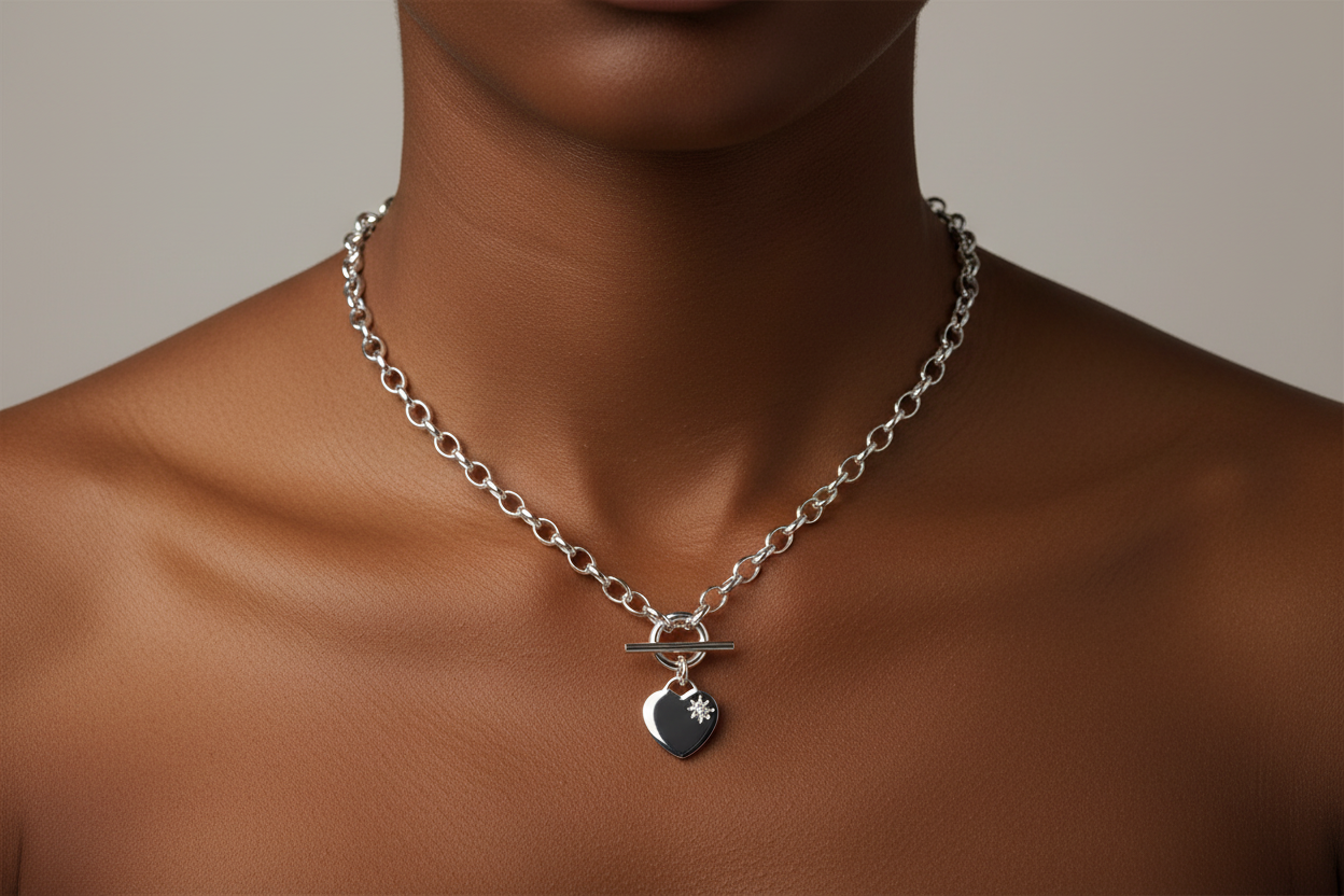 Silver T-bar CZ necklet worn on a woman's neck
