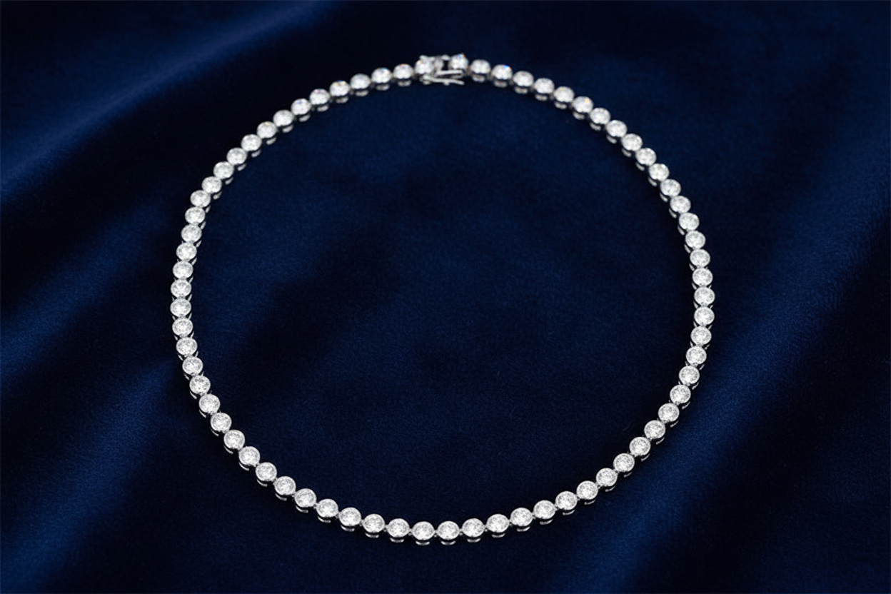 Silver rhodium plated full CZ tennis necklet on deep navy velvet background