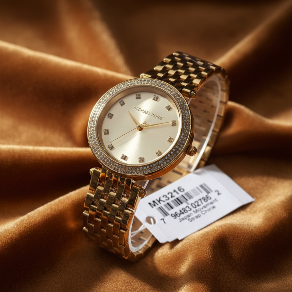 Michael Kors MK3216 gold-tone watch on champagne velvet textured background