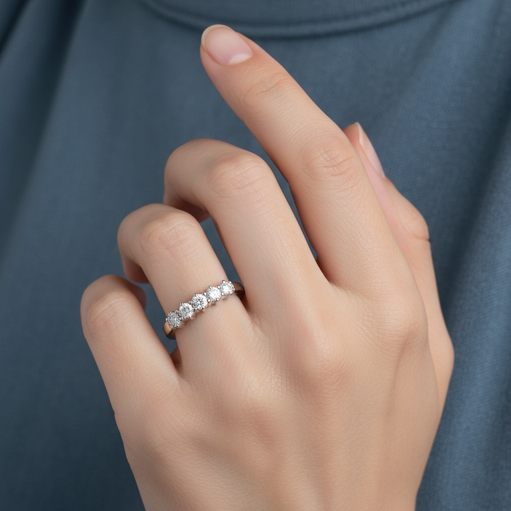 9ct White Gold 0.50ct 5 Stone Diamond Eternity Ring worn on a ladies hand