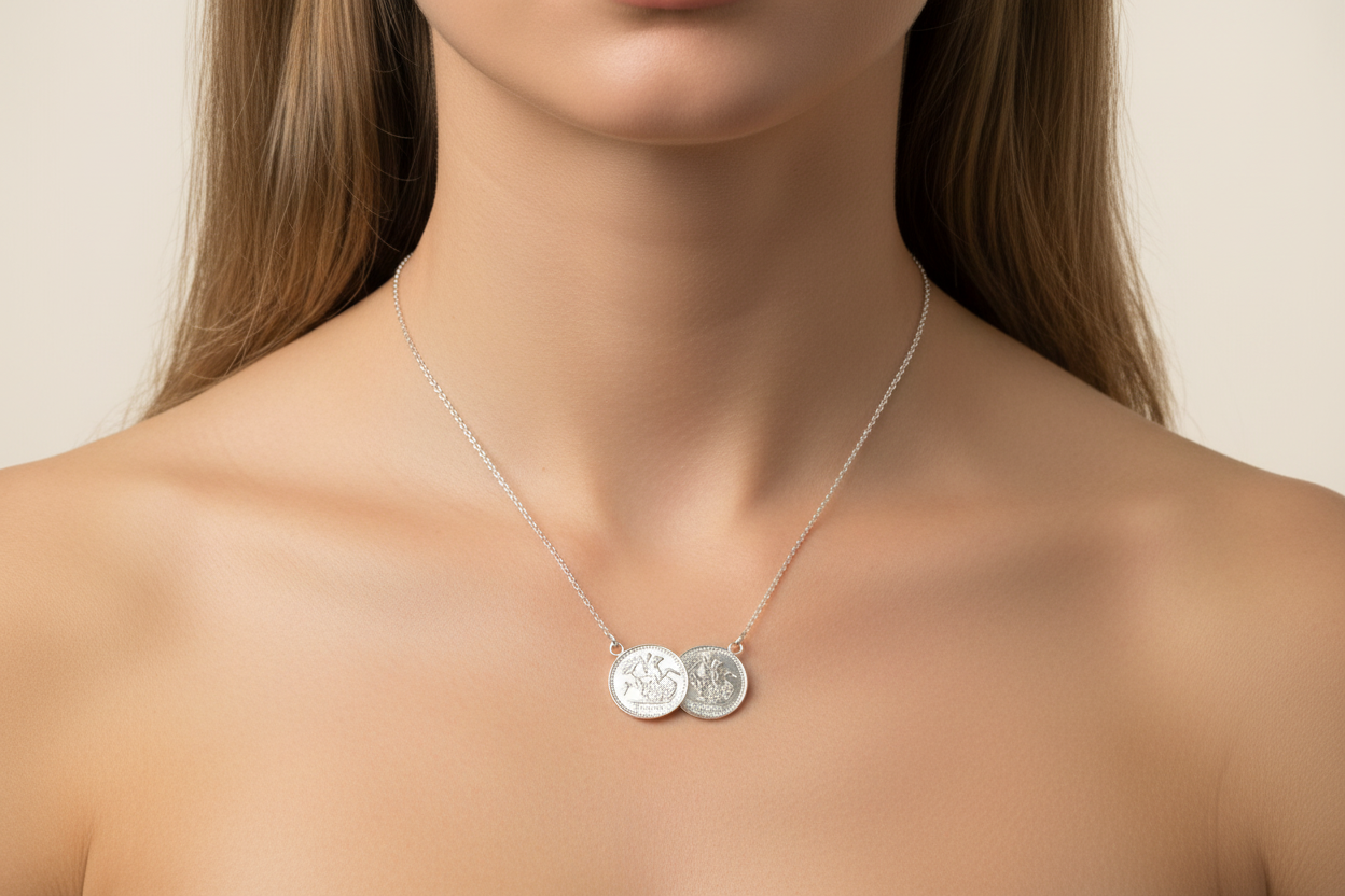 Silver double half sovereign coin necklet worn on a woman's neck