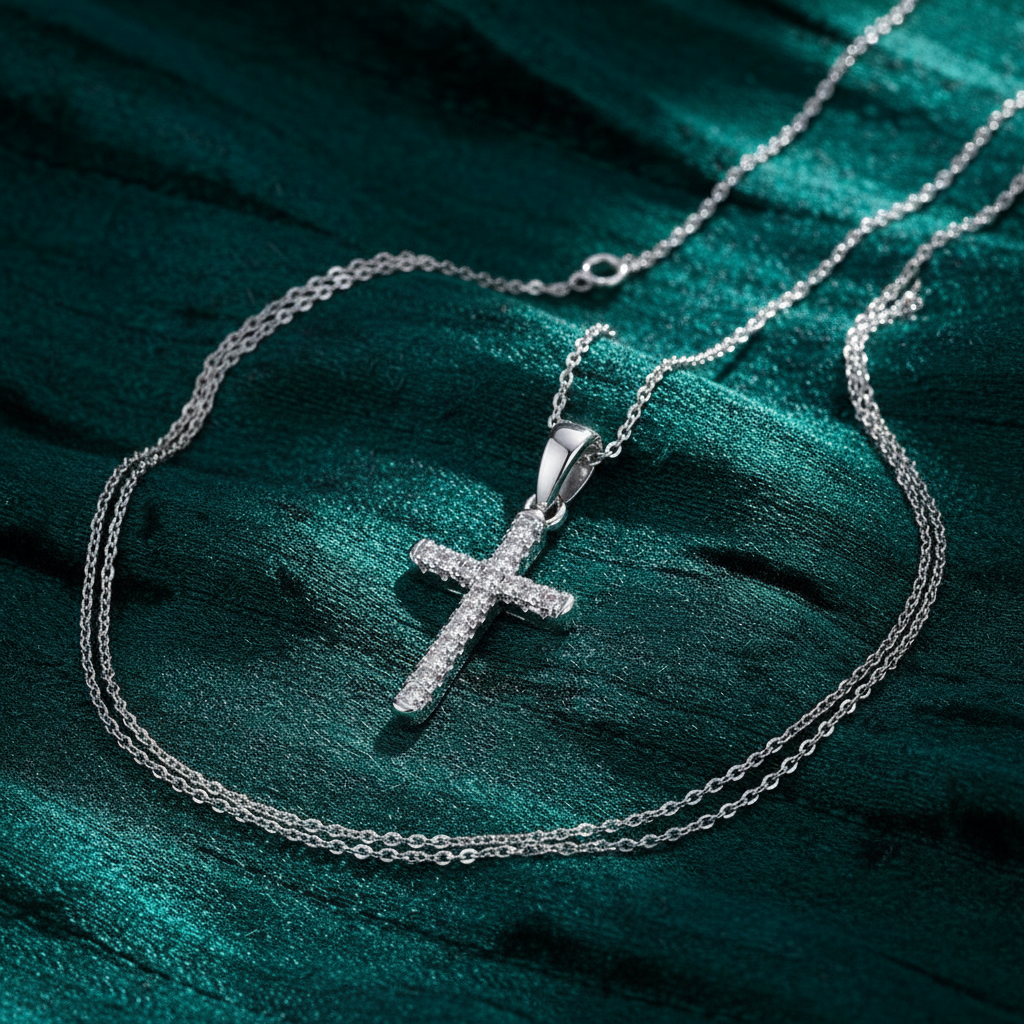 Silver CZ Cross Pendant on textured teal fabric background