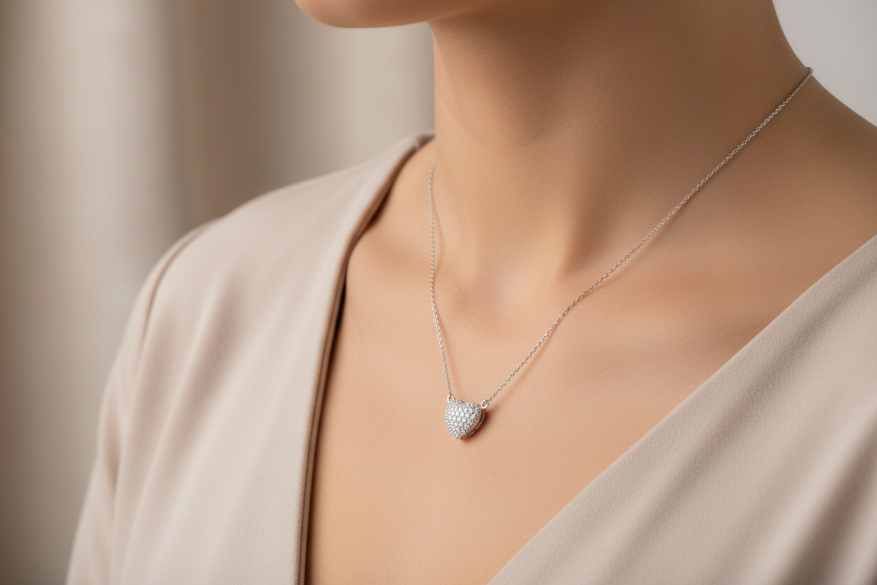 Silver CZ pavé heart pendant worn on a woman's neck