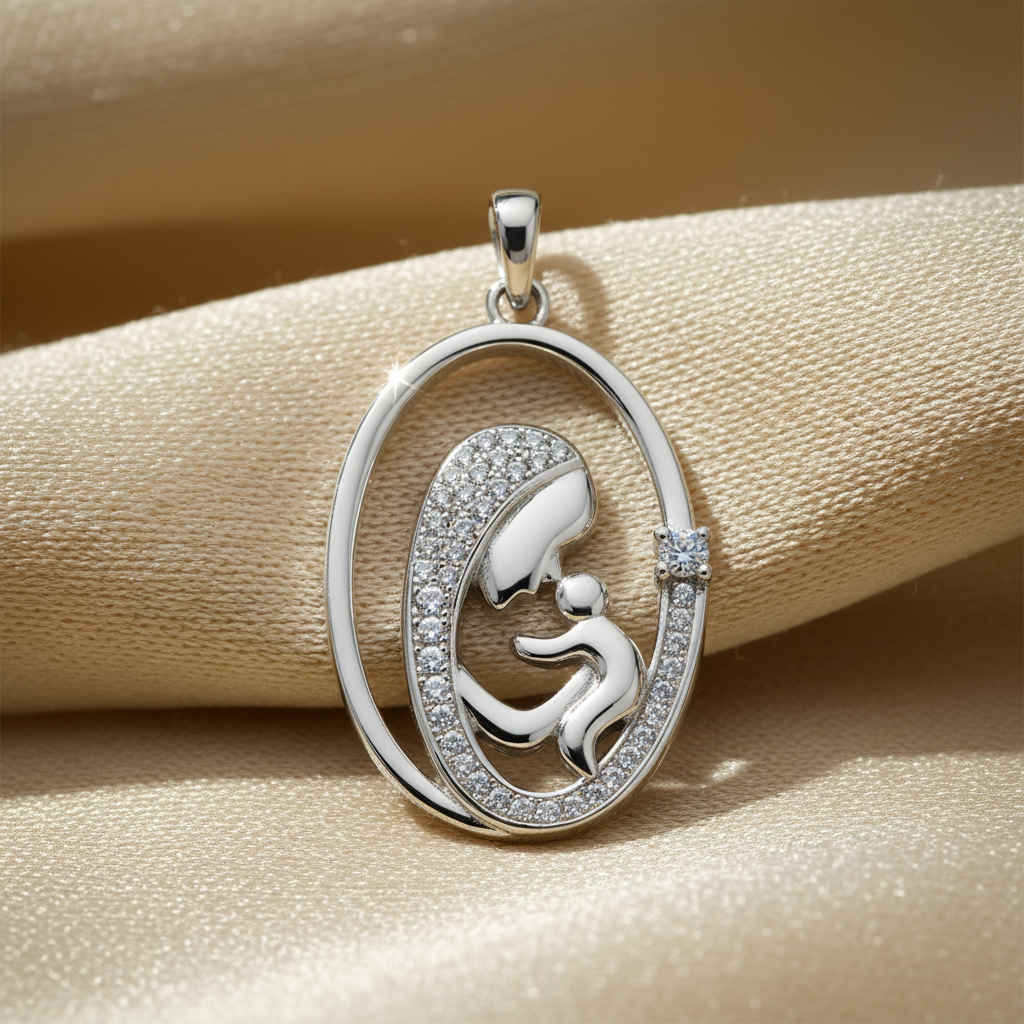 Silver Rhodium CZ Madonna Pendant on ivory cream fabric background
