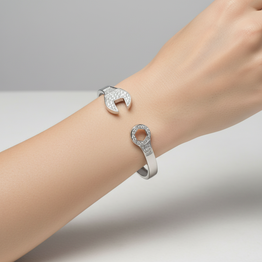Silver Ladies Oval CZ Spanner Bangle worn on a womans wrist