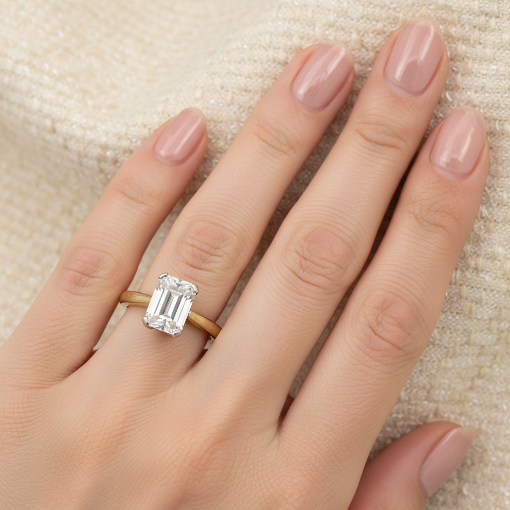 9ct Yellow Gold Fancy CZ Ring with emerald cut CZ worn on a ladies hand