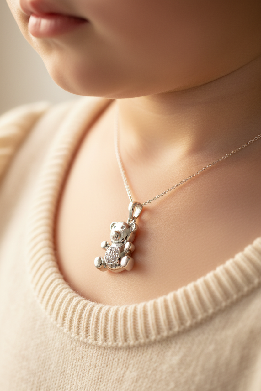 Silver Rhodium CZ Teddy Bear Charm Pendant worn on a child's neck - lifestyle shot