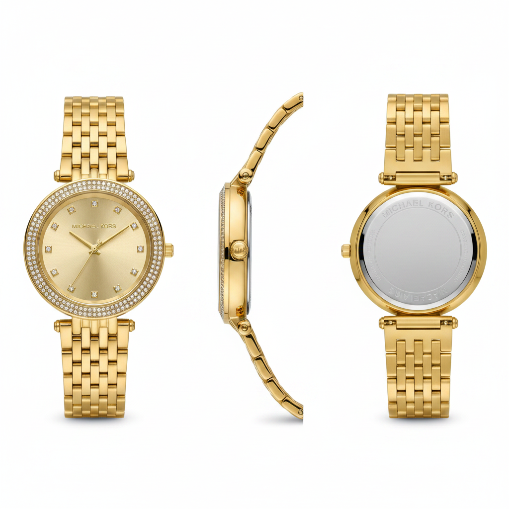 Michael Kors MK3216 gold-tone watch from multiple angles on white background