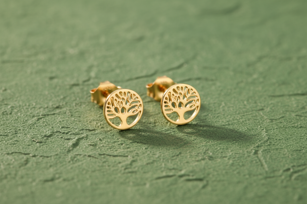 9ct Yellow Gold Tree of Life Stud Earrings on forest green textured background