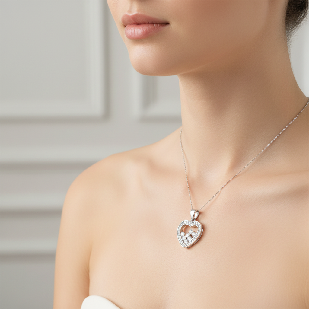 Silver Heart CZ Pendant worn on a lady's neckline