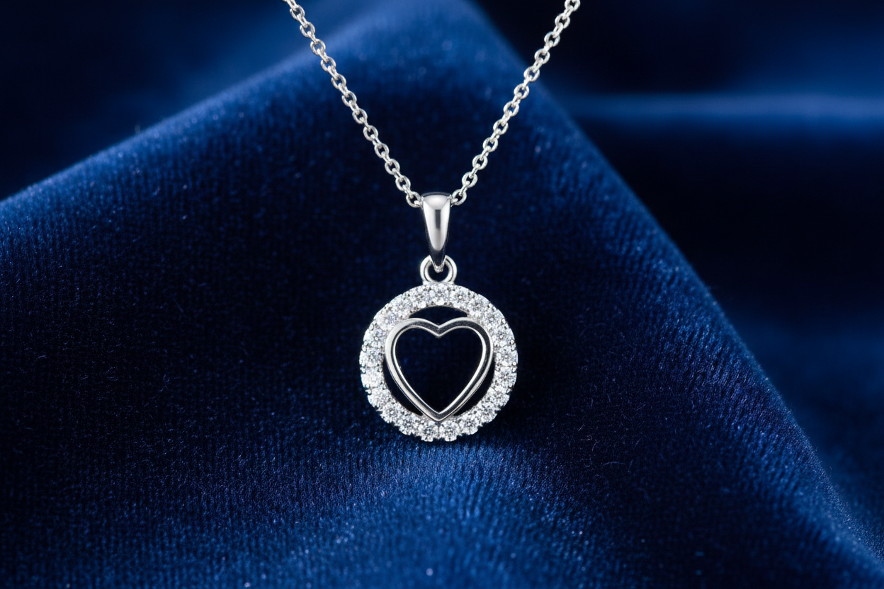 Silver rhodium plated CZ heart halo pendant on midnight blue velvet background