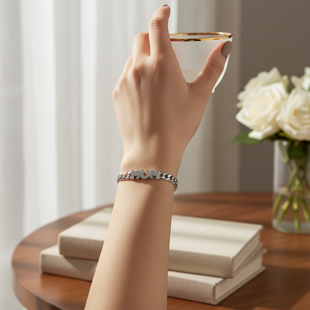 Silver CZ MUM Bracelet worn on ladies wrist