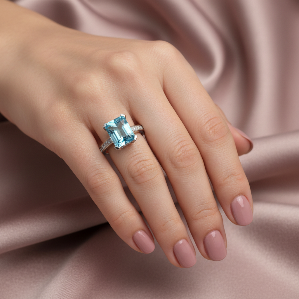 9ct White Gold Blue Topaz & Diamond Ring 4.82ct worn on a ladies hand