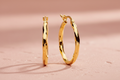 9ct Yellow Gold Faceted Oval Hoop Earrings on dusty rose textured background