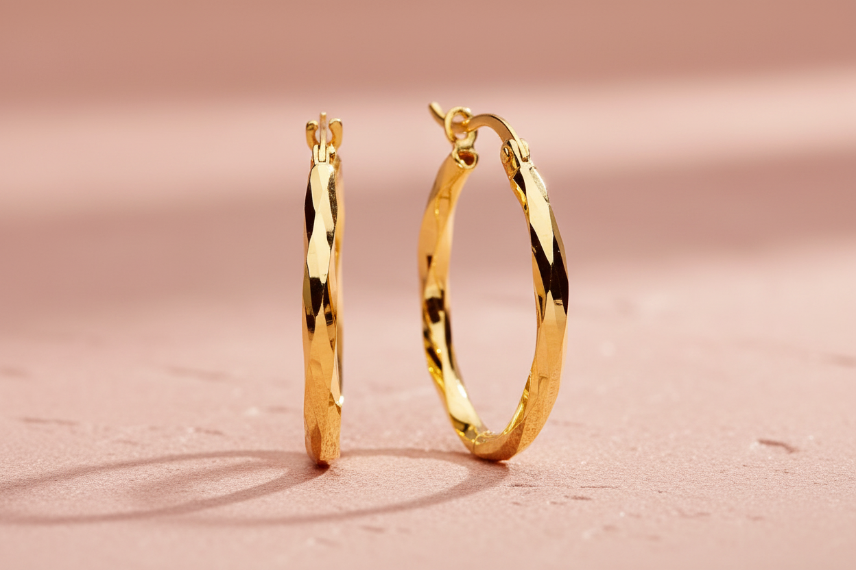 9ct Yellow Gold Faceted Oval Hoop Earrings on dusty rose textured background