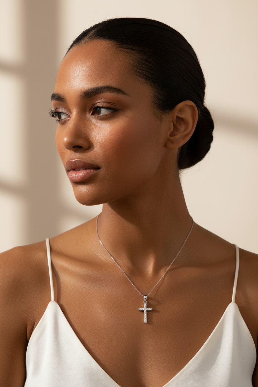 Silver CZ Cross Pendant worn on a lady's neck - lifestyle shot