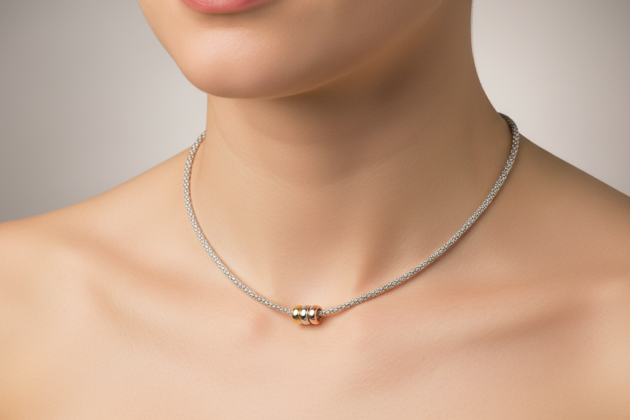Silver rhodium plated mesh necklet with gold rings worn on a woman's neck