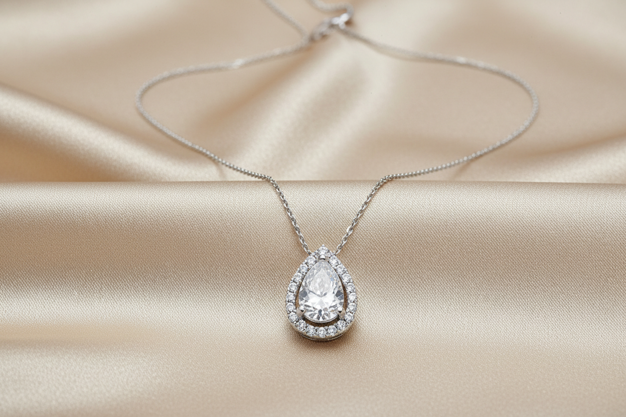 Silver rhodium plated pear CZ halo pendant on champagne silk background