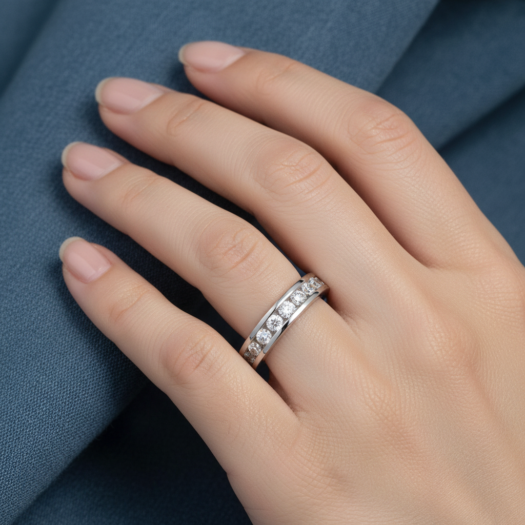 9ct White Gold 0.50ct Diamond Eternity Ring 12 Stone worn on a ladies hand
