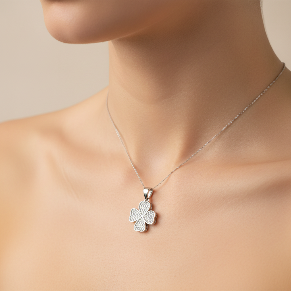 Silver Clover CZ Pendant worn on a lady's neckline