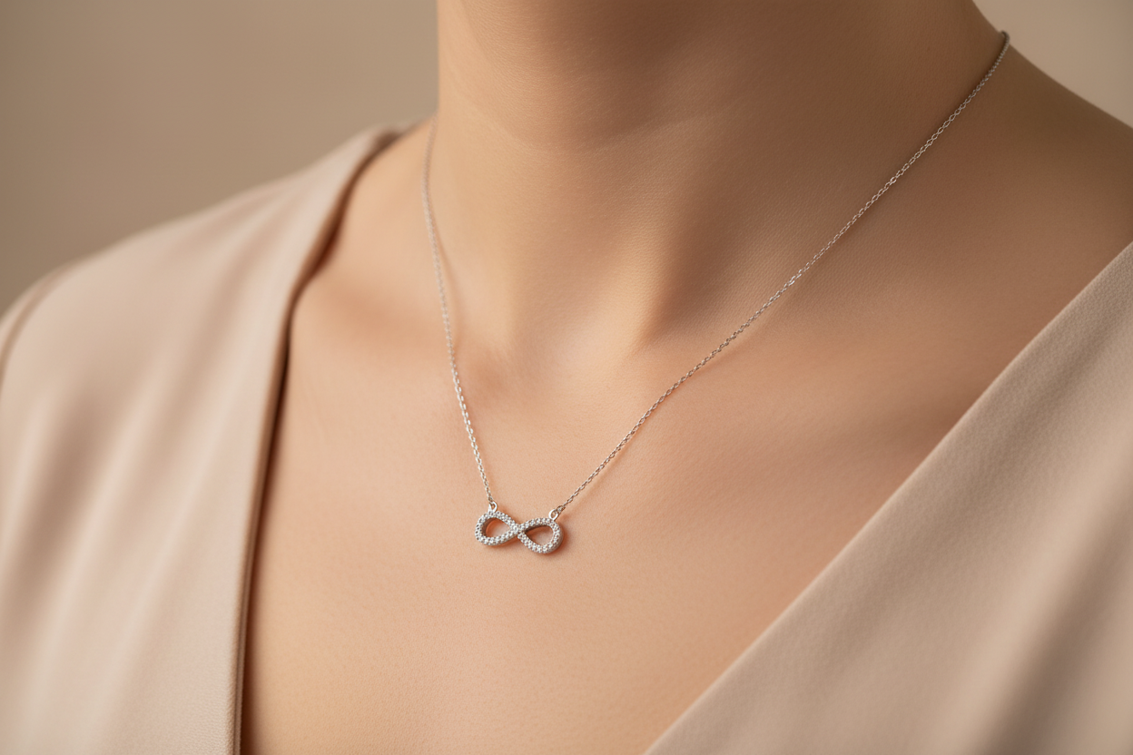 Silver CZ infinity pendant worn on a woman's neck