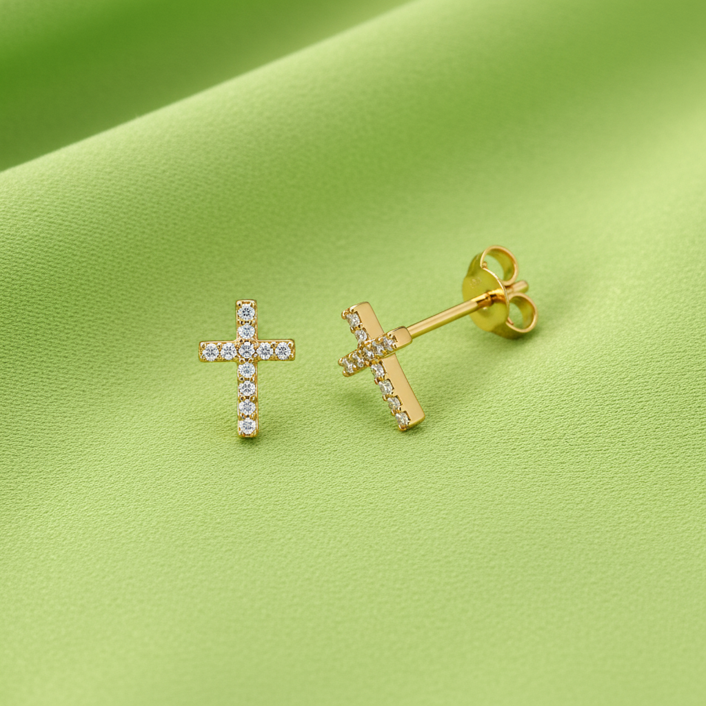 Lab Grown Diamond Cross Stud Earrings on Lime Fabric