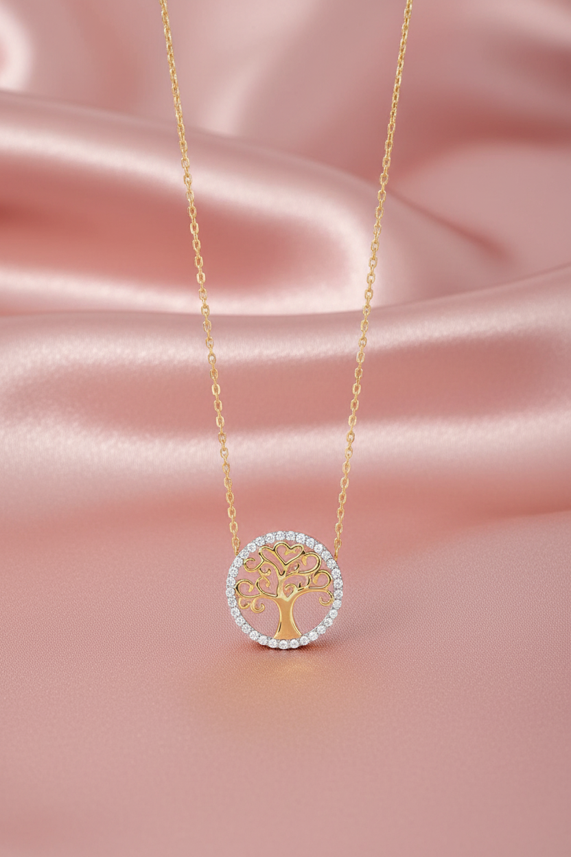 9ct Yellow Gold CZ Tree of Life Necklace – Adjustable 16–18”