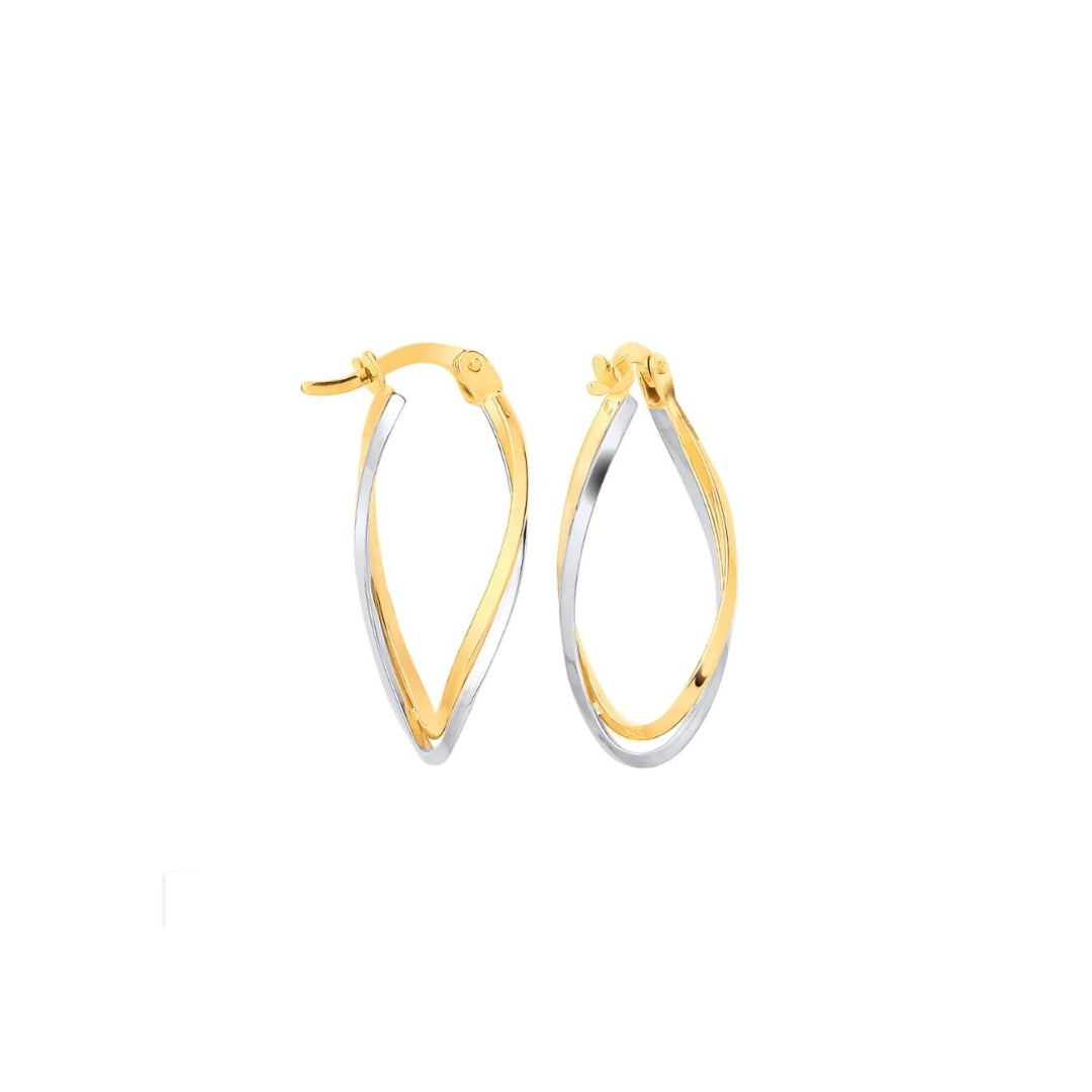9ct Yellow & White Gold Twist Oval Hoop Earrings