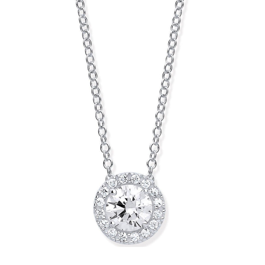 9ct White Gold CZ Halo Pendant Necklace – 18”