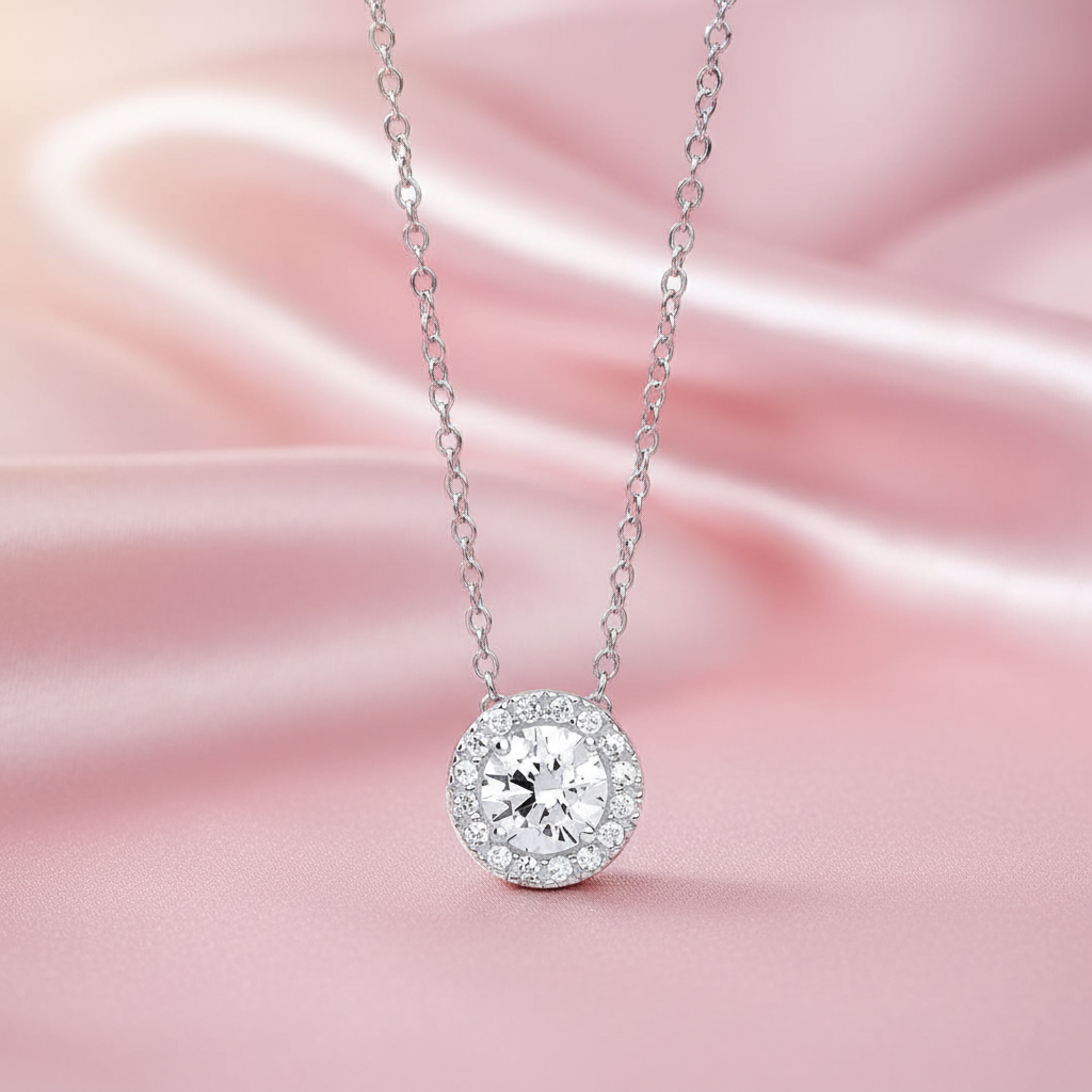 9ct White Gold CZ Halo Pendant Necklace – 18”