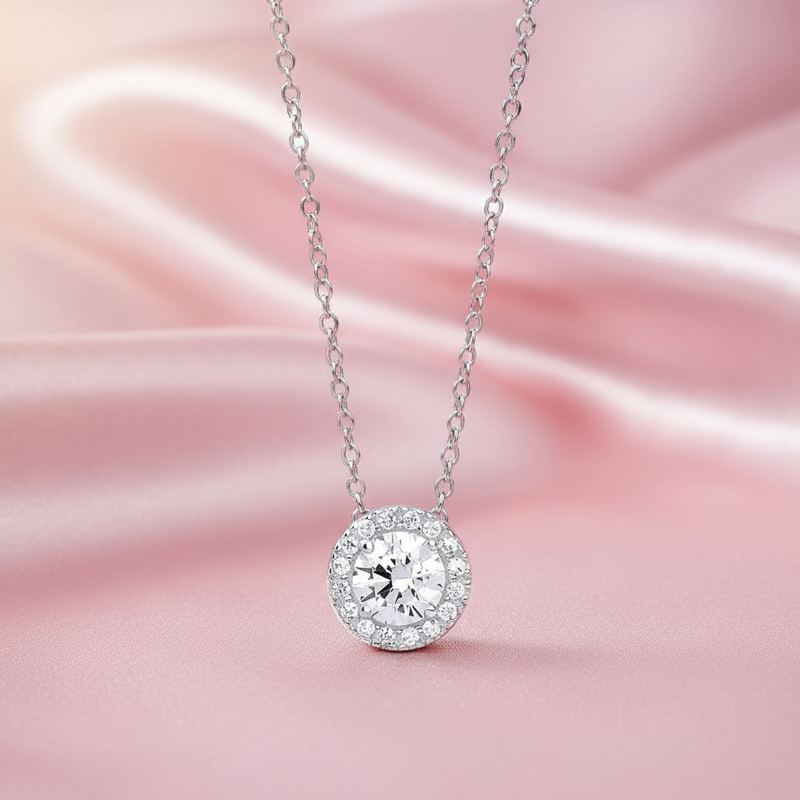 9ct White Gold CZ Halo Pendant Necklace – 18”