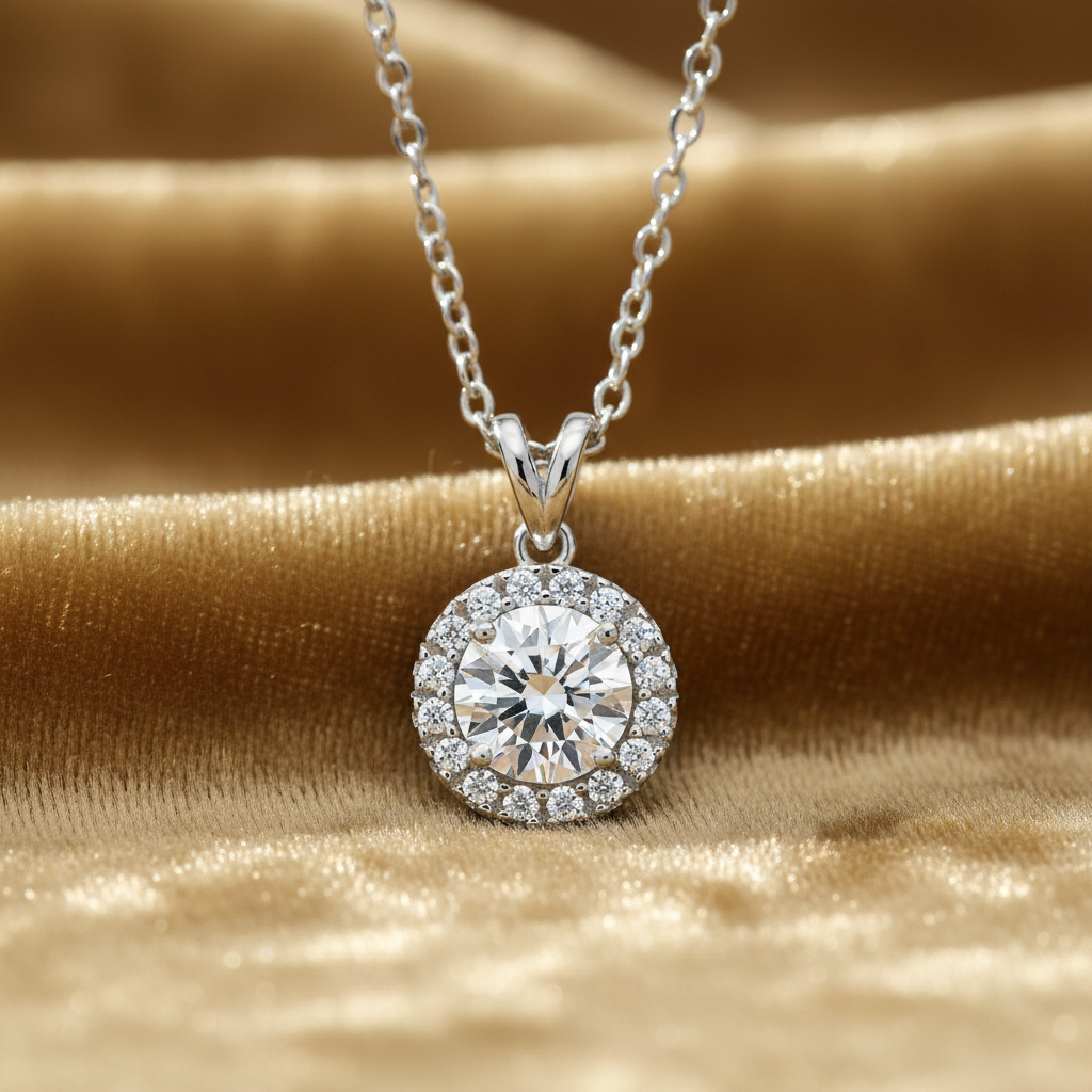 9ct White Gold CZ Halo Pendant Necklace – 18”